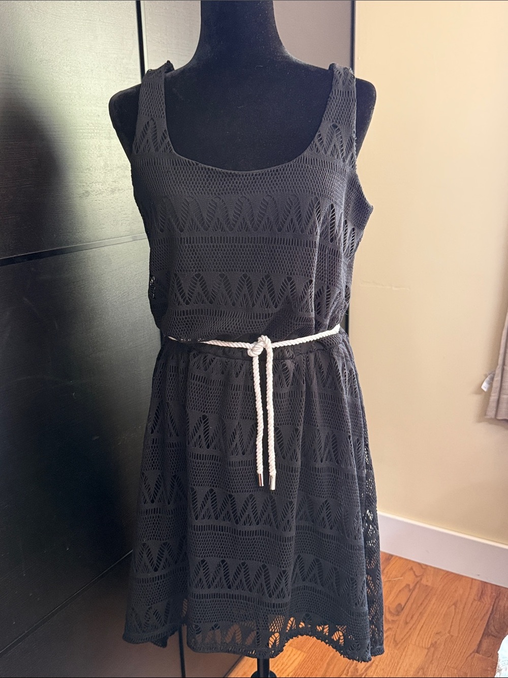 Halo Black Crochet High-Low Dress with Rope Belt (Med)
